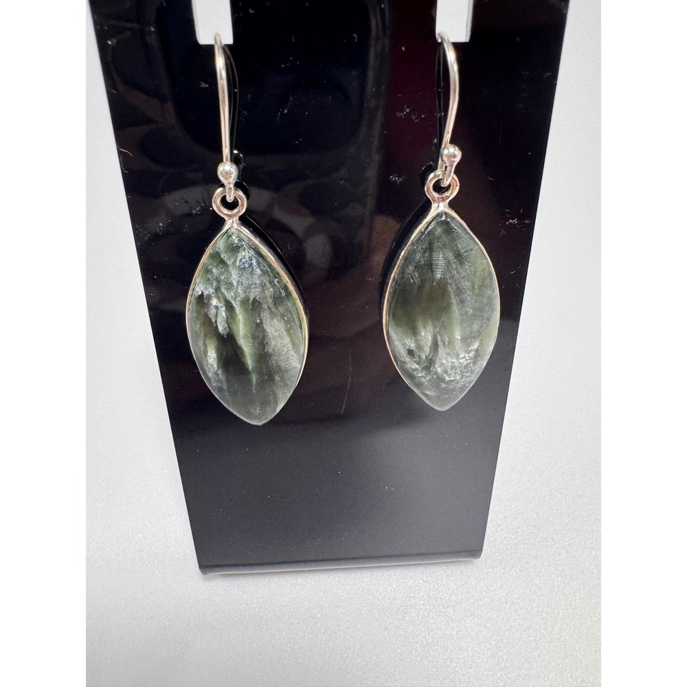 Seraphinite Sterling Silver Marquise Drop Earrings Green Chatoyant Dangle NWOT